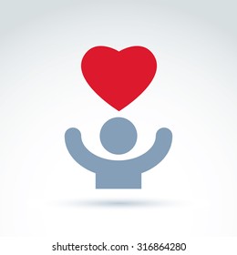 Vector charity and donation symbol. Illustration of red loving heart and human with hands up. Concept of assistance and volunteer.