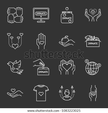 Vector charity and donation white icon set isolated on black background. Graphic elements for nonprofit organizations and donation centres