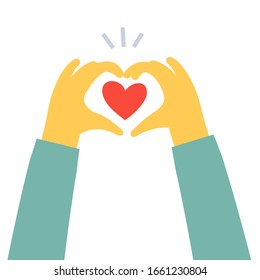 Vector charity and kindness donation illustration on white background. Hand making form of heart symbol with red shape heart. Flat style romantic design of sharing love heart for Valentine's Day card