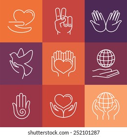 Vector charity line logos and signs - volunteer and support organization icons 