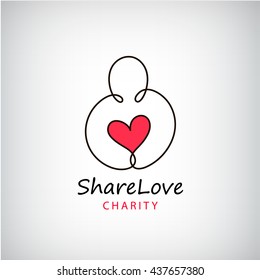Vector charity logo. Heart in hand symbol, sign, icon, logo template for charity, health, voluntary, non profit organization, isolated, vector illustration. Man, holding heart