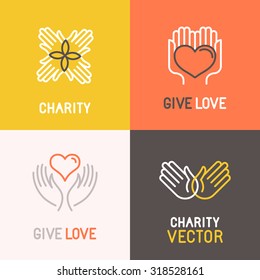Vector charity and volunteer concepts and logo design elements in trendy linear style - emblems and signs for nonprofit and philanthropic organizations and centers