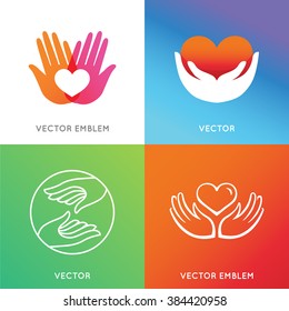 Vector charity and volunteer concepts and logo design elements in trendy style and bright gradient colors - emblems and signs for nonprofit and philanthropic organizations and centers