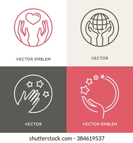 Vector charity and volunteer concepts and logo design elements in trendy linear style - emblems and signs for nonprofit and philanthropic organizations and centers