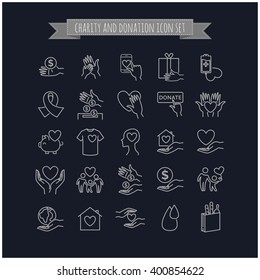 Vector charity, volunteering and donation thin line icons set on black background for your design