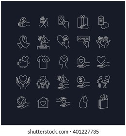 Vector charity, volunteering and donation thin line icons set on blackboard for your design