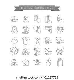 Vector charity, volunteering and donation thin line icons