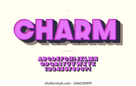 Vector charm alphabet 3d bold color style. Trendy typography font for party poster, printing on fabric, t shirt, promotion, decoration, stamp, label, special offer. Modern typeface. Vector 10 eps