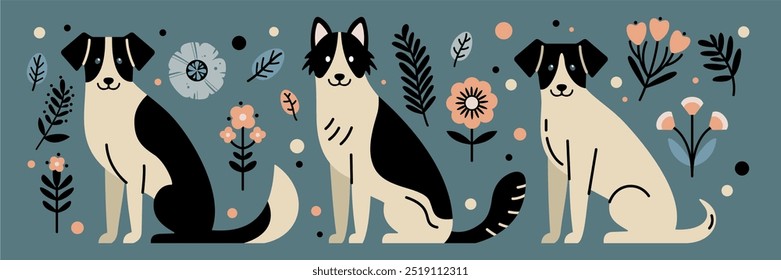 Vector Charming Canine Trio with Upright and Floppy Ears in Decorative Botanical Elements in soft pastel tones, simple flat style