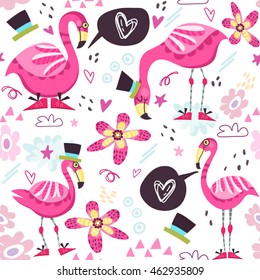 Vector charming pattern of pink flamingos 