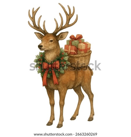 Vector Charming reindeer with a festive wreath and basket of wrapped gifts. Vintage-style Christmas illustration ideal for holiday cards, winter decor, and nostalgic seasonal designs