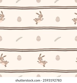 Vector Charming woodland-inspired seamless rabbit pattern with boho floral accents, designed for festive Easter decor, gift wrap, and cute kids fashion