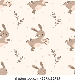 Vector Charming woodland-inspired seamless rabbit pattern with boho floral accents, designed for festive Easter decor, gift wrap, and cute kids fashion