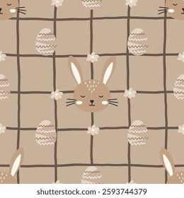 Vector Charming woodland-inspired seamless rabbit pattern with boho floral accents, designed for festive Easter decor, gift wrap, and cute kids fashion