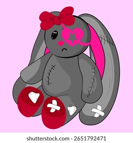 Vector charming yet melancholic "creepy cute" plush bunny doll with a red bow, pink heart eye patch, and stitched details, perfect for unique and edgy designs.