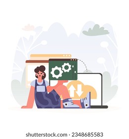 A Vector Chart of a Energized lady Holding a Browser Window with Gears and Torque, Idealize for Tech and Enhancement Concepts.