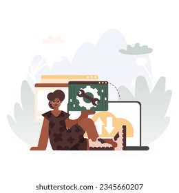 A Vector Chart of a Energized woman Holding a Browser Window with Gears and Torque, Idealize for Tech and Improvement Concepts.