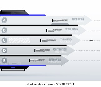 Gráfico vectorial. Cinco flechas/opciones futuristas en un estilo limpio de alta tecnología/tecno sobre fondo blanco