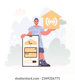 Eine Vektorgrafik eines Mannes, der ein privates Bild mit dem Carving IoT, feiert Sharp Private Organize und Fortgeschrittenenleben.