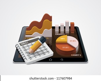 Vector Chart And Table Editor Or Statistic Representation Icon. Includes Bar Chart, Pie Chart, Notepad With Pencil On The Tablet Screen