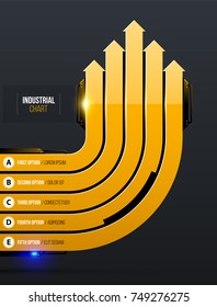 Vector chart template with five round arrows in yellow industrial techno style on dark gray background