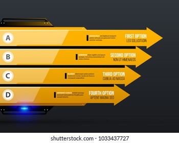 Vector chart template with four arrows/options in yellow industrial techno style on dark gray background