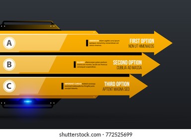 Vector chart template with three arrows/options in yellow industrial techno style on dark gray background