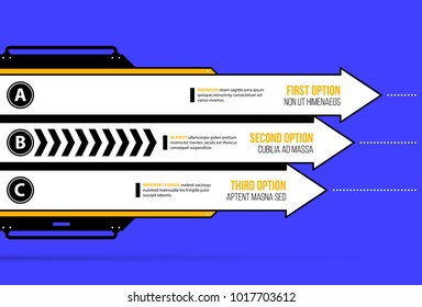 Vector chart. Three horizontal arrows with options in geometric industrial/techno style on deep blue background