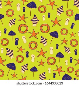 Vector chartreuse tropical beach scene seamless pattern background