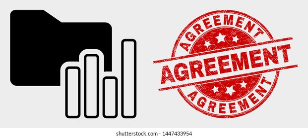 Vector charts folder icon and Agreement watermark. Red rounded distress watermark with Agreement text. Vector combination for charts folder in flat style. Black isolated charts folder icon.