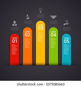 Vector charts infographic on a dark background. Can be used for presentation, diagrams, annual report, web design. Business concept with 5 options, steps or processes.