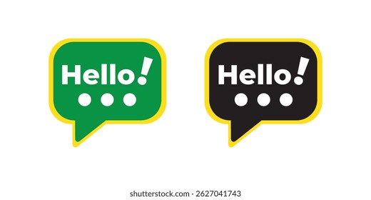 Vector Chat Bubble Icons with “Hello!” Text in Green and Black – Flat Modern Messaging Symbols with Yellow Border for Mobile App UI, Social Media Communication, and Digital Interface Design