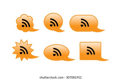 Vector chat bubbles of different shapes of orange with black marks rss