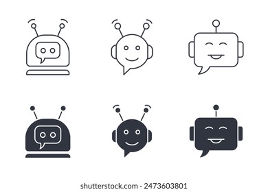 Vector chatbot icons. Editable stroke. Set silhouette and line symbol. AI bot, artificial intelligence for app online, virtual assistant. Automatic robot machine, customer support. Stock illustration