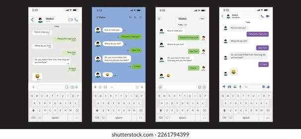 Vector chatting screen in mobile communication illustration. Chat app template. Modern realistic white and black smartphone. Social network concept. Vector.