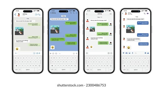 Vector chatting screen in mobile communication illustration. Chat app template on smartphones. Social network concept. Vector.