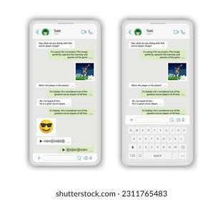 Vector chatting screen in mobile communication illustration. Chat app template. Modern realistic white and black smartphone. Social network concept. Vector.