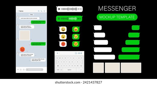 Pantalla de conversación de vectores en la ilustración de comunicación móvil. Plantilla de aplicación de chat. smartphone moderno y realista en blanco y negro. Concepto de red social. Vector.