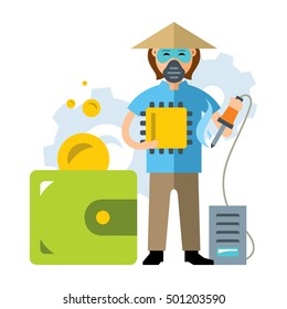 Vector Cheap Asian labor. The savings in the production of computer components. Flat style colorful Cartoon illustration.
