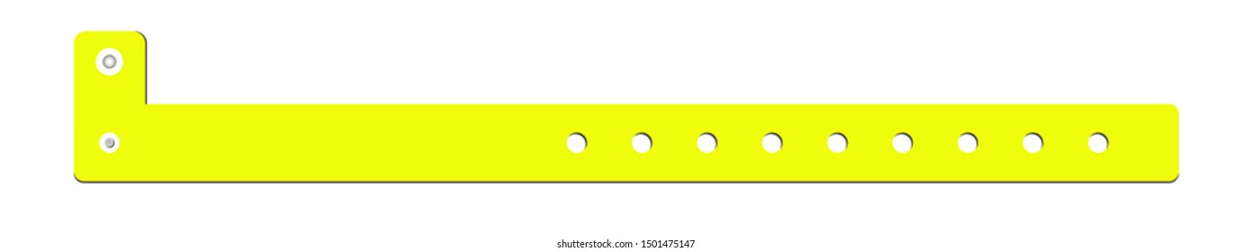 Vector Cheap Plastic Luminous Neon Yellow Empty Bracelet Or Wristband. L Shape Pvc Vinyl Material With Safety Lock. Hand Entrance Festival Or Bracelet Isolated On White. Template For Identification.