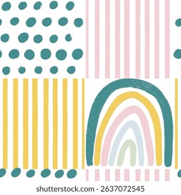 Vector Cheater Quilt Pattern with Rainbows and Patchwork in Pastel Colors