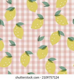 Vector check background and lemon illustration motif seamless repeat pattern fashion home kitchen print fabric and textile digital artwork