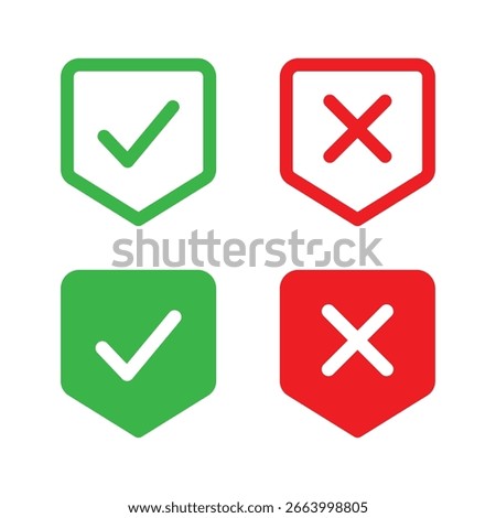 Vector Check And Cross Mark With Shield Icon Set
