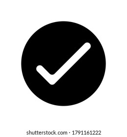 Icono de comprobación de vectores en círculo. Símbolo de marca. Signo de marca de verificación. Ilustración de aprobación. Forma de decisión correcta. Éxito, correcto, positivo. Sencilla Silhouette. Diseño Web, Conceptos de logotipos y desarrollo de aplicaciones.