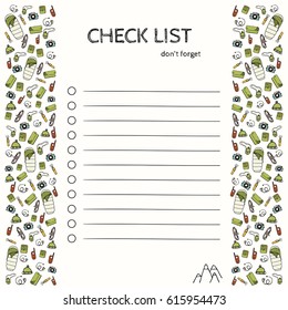 Vector check list with hand drawn, isolated symbols of tourism and camping