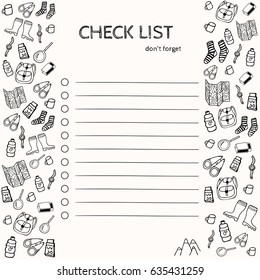 Vector check list with hand drawn, isolated symbols of tourism and camping