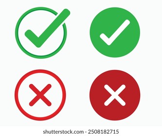 Vector de marca de verificación y círculos cruzados, icono verde, color rojo