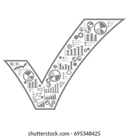 Vector check mark filled with charts and gears icons on white background