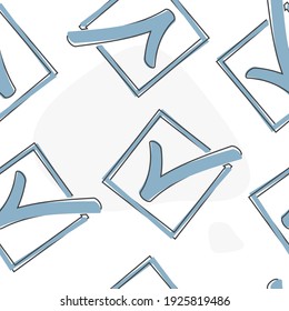 Vector check mark icon cartoon style on seamless pattern on a white background.