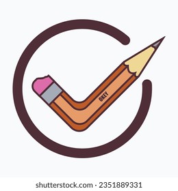 Vector check mark icon with stylized colored pencil. Volumetric wooden object for writing and drawing in the form of a sign of approval. Isolated illustration on white background. 